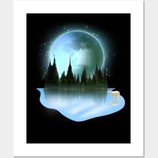 Full cold moon on december with frozen lake Posters and Art